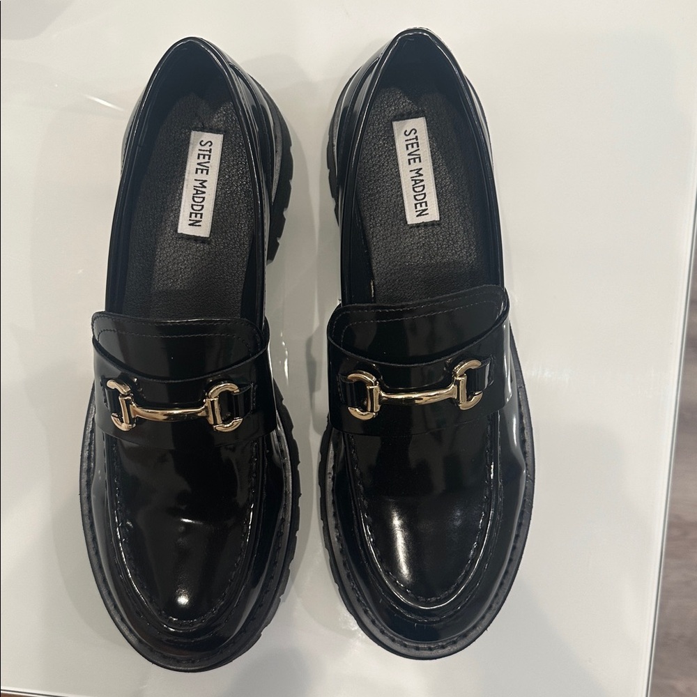 Steve Madden Glossy Black Loafers with Gold Detail